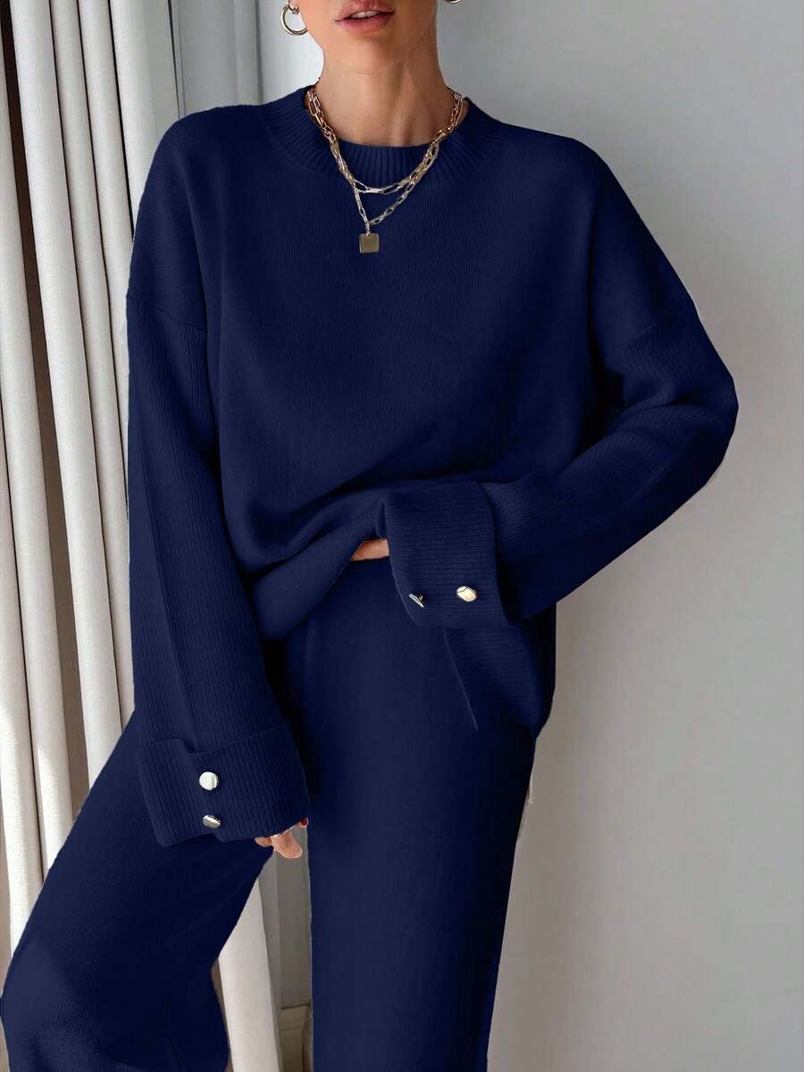 EURMUSE Ensemble pull et pantalon avec détails de boutons pour femmes - Bleu marine - Voir 1