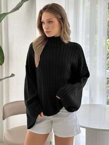 EURMUSE Women High Neck Flare Sleeve Rib Knit Comfy Sweater Pullover - Black - View 5