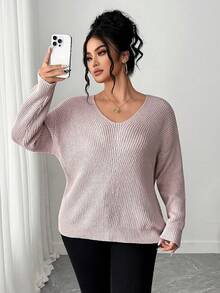 Elenzga 女式休闲 V 领长袖宽松加大码毛衣，适合秋冬季外套 - 粉色 - 查看 7