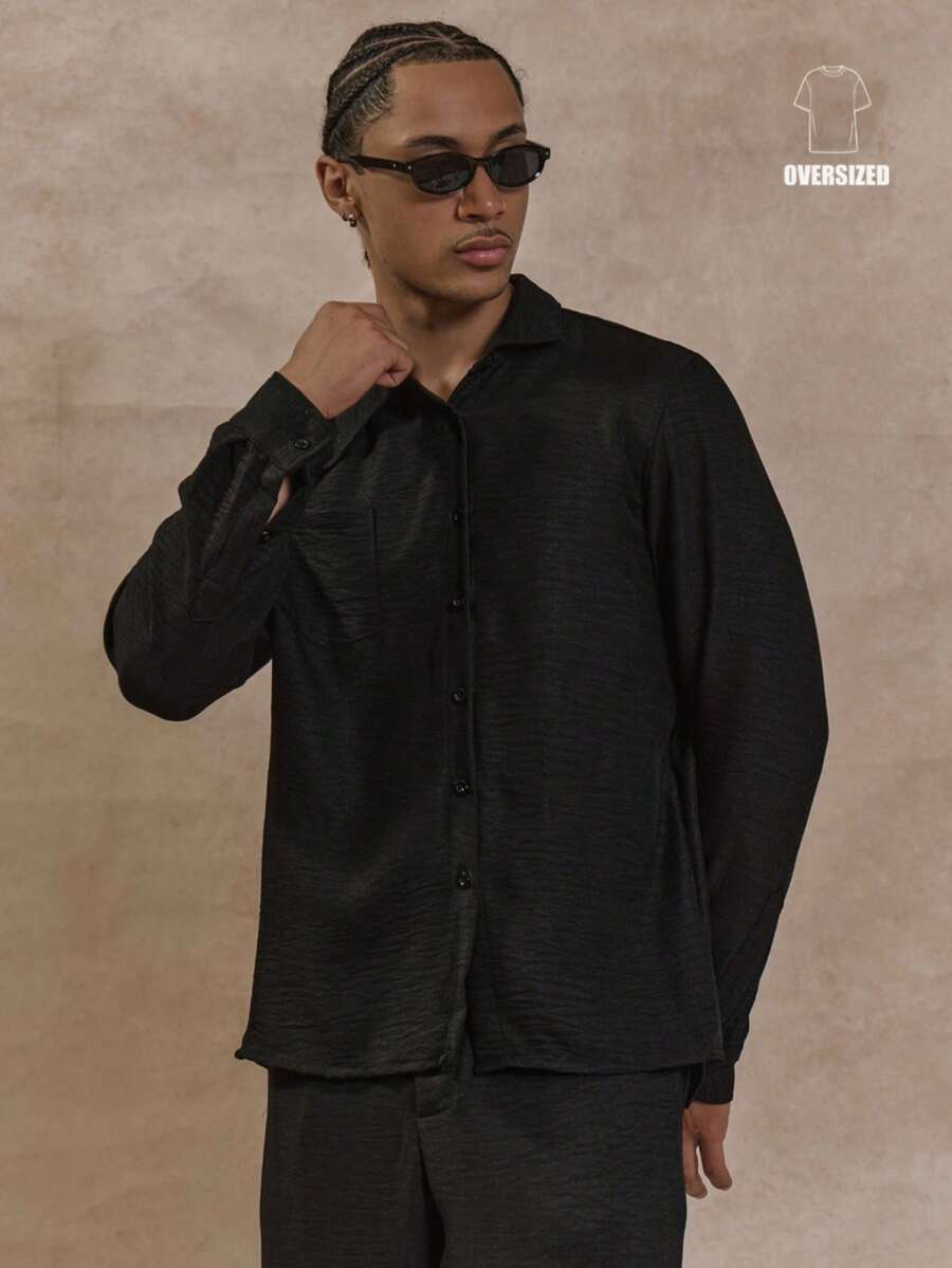 Musero Camicia oversize a maniche lunghe con collo asimmetrico, abbottonatura frontale, tasca frontale, tessuto lavorato, adatta per autunno/primavera-estate - nero - Visualizzare 1
