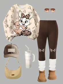 2pcs/Set Cute Rabbit & Heart Print Top, Girls Crew Neck Sweatshirt And Leggings Set, Fashionable Casual, Suitable For Autumn/Winter - Multicolor - View 2