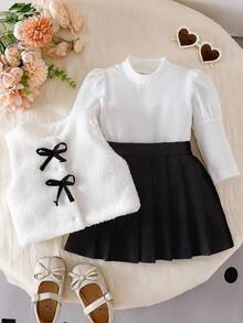 Souflis Souflis 2025冬季女宝宝3件套：白色长袖针织上衣+白色蓬松背心+红色百褶裙 - 黑色 - 查看 3