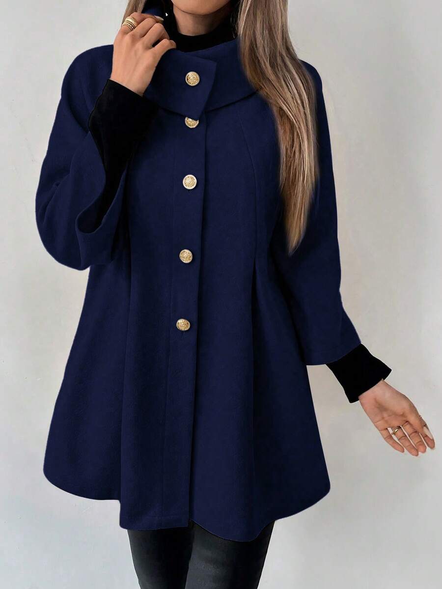 SHEIN LUNE Women's Casual Single-Breasted Overcoat, Autumn/Winter - Navy Blue - View 1