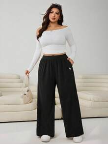 Solflare Plus Size Black Corduroy Pants With Embroidery Figure Detail Casual Long Straight Leg Trousers,Fall /Autumn/Winter,Christmas,New Year,Thanksgiving,Party,Wedding,Beach,Graduati,Chic,Elegant,Casual,Going Out,Date,Appointment,Commute - Black - View 4