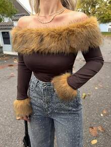 Jeta Ari Fashionable Retro Off Shoulder Fuzzy Long Sleeve Cropped T-Shirt - Brown - View 3