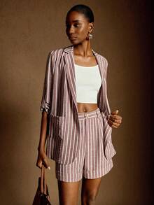 Écloséra 女士复古简约通勤休闲舒适亚麻条纹浅棕色高腰口袋下摆褶裥短裤，女士亚麻裤脚 - 酒紅色 - 查看 6