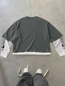 Manfinity EMRG sweat-shirt à col rond à manches longues avec imprimé lettre pour hommes, automne/hiver. Hauts graphiques courts à manches longues pour hommes - Multicolore - Voir 2