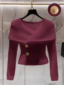 Franclia 女士简约时尚交叉翻领极简风交叉V领纯色直筒长袖金属纽扣修身大码针织复古弹力领毛衣别致开衫休闲商务办公优雅上衣，春秋冬季 - 酒紅色 - 查看 1