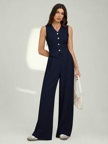 SHEIN Tall Bộ vest đơn hàng khuy đơn màu và quần túi hộp thường ngày dành cho nữ - Màu xanh hải quân - Xem 5