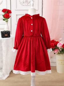1 pieza Vestido de princesa de manga larga con cuello de volantes rojos elegantes de Navidad, puños y dobladillo con lazo 3D y encaje, cómodo y de moda, adecuado para primavera, otoño, invierno, salidas, viajes, fiestas y uso diario - Multicolor - Ver 6