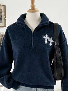 Sweetra Young Tween Girl Cross Embroidery Zipper Half-Zip Raglan Long Sleeve Casual Sweatshirt, Autumn/Winter - Navy Blue - View 9