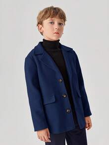 SHEIN Boys' Solid Color Casual Long Sleeve Jacket - Navy Blue - View 4