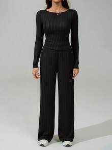 SHEIN Tall Autumn And Winter Women's Wide-Striped Knitted Slim Irregular Slanted Hem Top + Wide-Leg Pants Casual And Comfortable Home Black Two Pieces Suit - Black - View 1