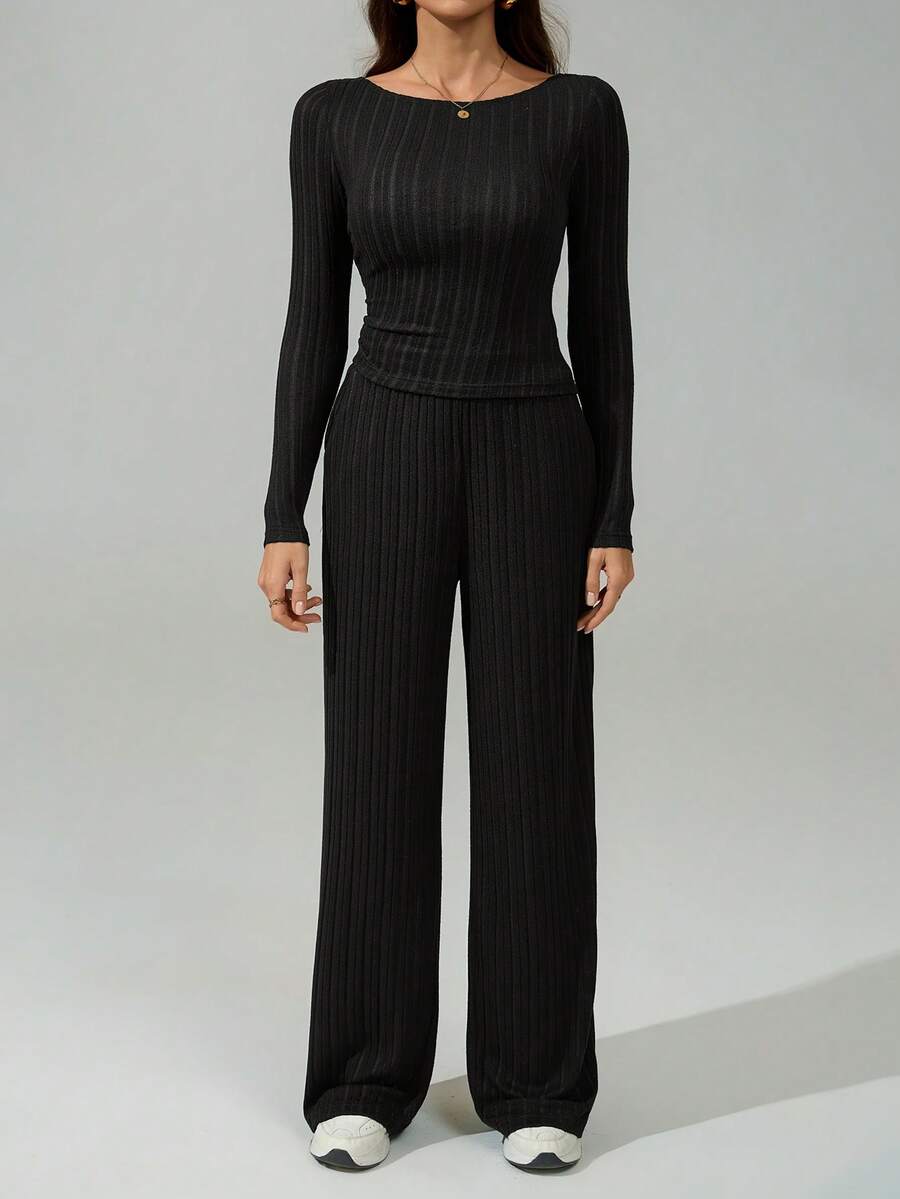 SHEIN Tall Autumn And Winter Women's Wide-Striped Knitted Slim Irregular Slanted Hem Top + Wide-Leg Pants Casual And Comfortable Home Black Two Pieces Suit - Black - View 1