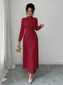 Elenzga 女式纯色高领独特设计修身腰部优雅休闲长袖针织毛衣裙，适合秋冬季 - 酒紅色 - 查看 5