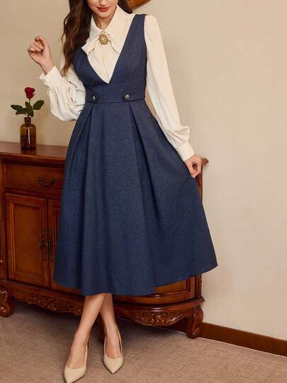 Vintamour 复古经典优雅女士修身无袖连衣裙，腰带金属纽扣V领喇叭裙，藏蓝色