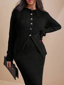 EURMUSE Women's Solid Color Front Open Ribbed Knit Cardigan And Skirt Set - Black - View 3