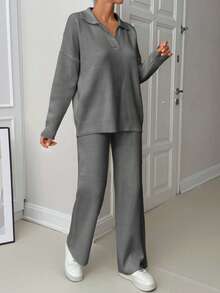 EURMUSE Woman Loose Fit Comfy Warm Thick Polo Neck Sweater And Pants Co-Ords Two Pieces Set - Grey - View 4