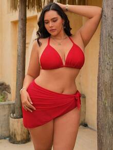 Swim Vcay 大码女式三件套纯色比基尼泳衣套装，带网纱裙，度假泳装 - 紅色 - 查看 7