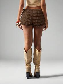 MISSGUIDED Broderie Mini Hot Pants High Waisted Ruffled Festival Shorts Summer Layering Boho Lace Trim - Brown - View 2