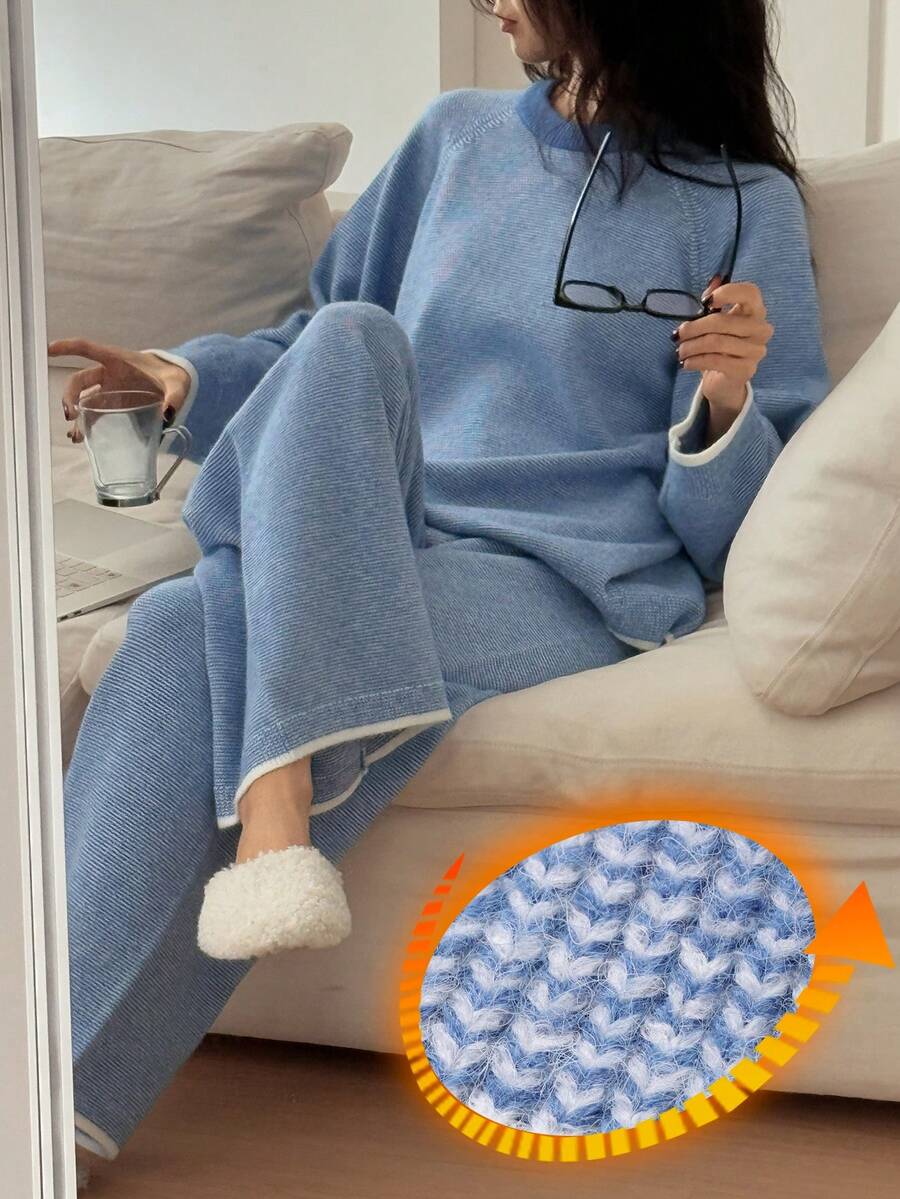 DAZY 女士宽松条纹提花针织家居服套装，冬季 - 藍色 - 查看 1