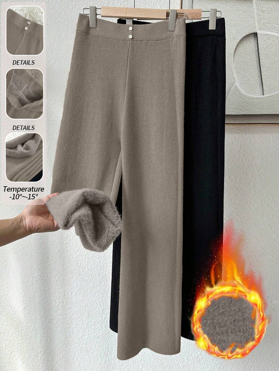 Franclia 高腰保暖内衬宽松休闲修身针织裤，女士款，冬季保暖 - 摩卡棕 - 查看 1