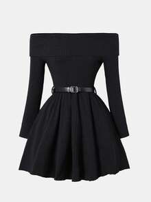 Women's Casual Off Shoulder Solid Color Dress, Suitable For Work And Everyday Wear - Black - View 1