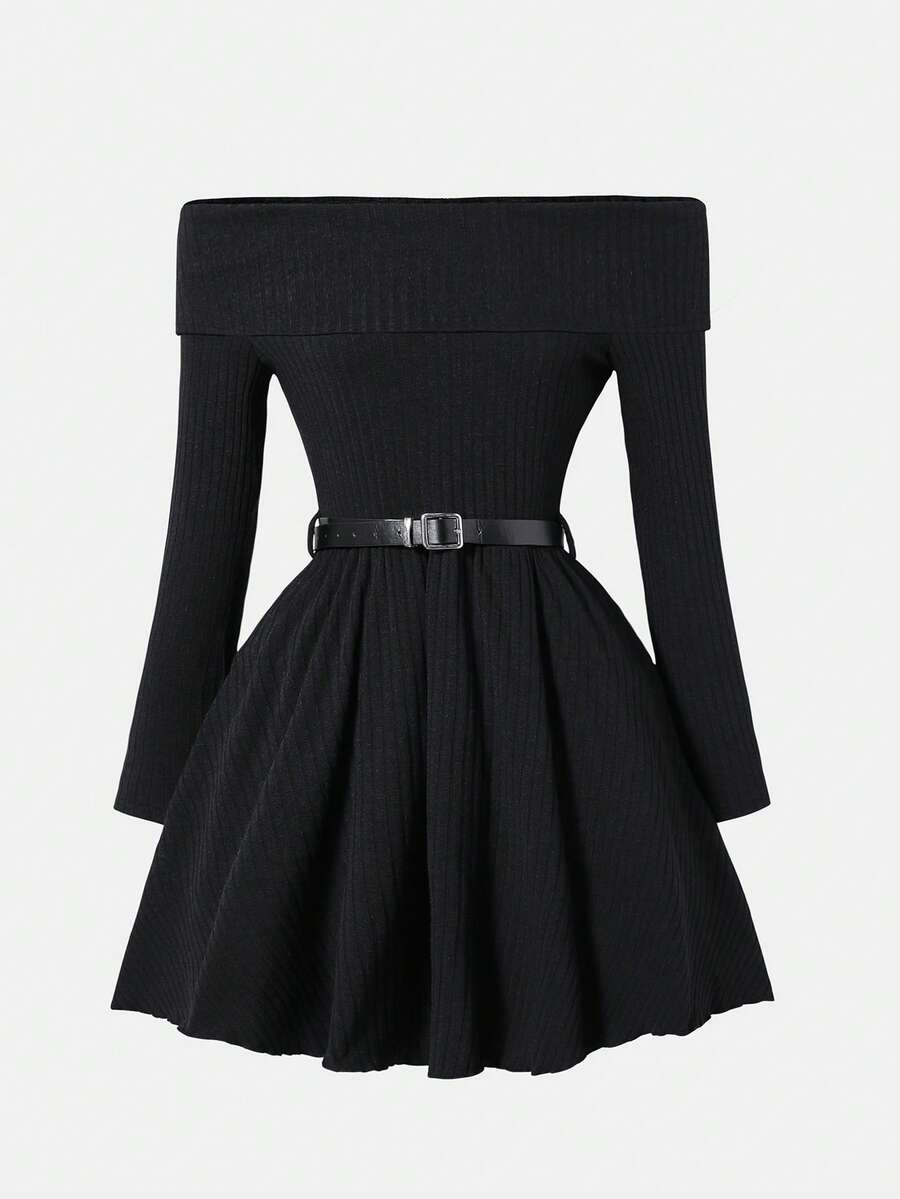 Women's Casual Off Shoulder Solid Color Dress, Suitable For Work And Everyday Wear - Black - View 1