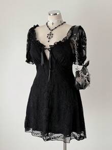 Sunspun Abito mini in stile gotico a-line in pizzo per taglie forti