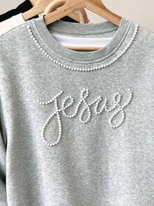 Resyla 女士仿珍珠蝴蝶结装饰休闲圆领运动衫，适合秋冬季、日常通勤、户外、女性礼物、兄弟姐妹礼物、姐妹礼物、妈妈礼物、母亲节礼物 - 深灰色 - 查看 4