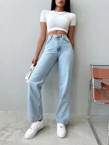 SHEIN Tall Quần jean ống đứng cạp cao, chất liệu 100% cotton, kiểu dáng thường ngày thập niên 90, màu xanh nhạt, cài cúc phía trước. - Rửa nhẹ - Xem 4
