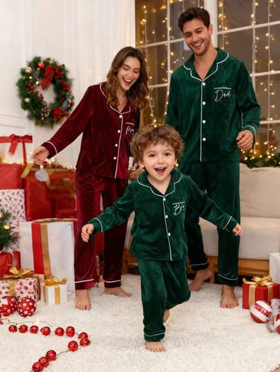 Conjunto de pijama de pantalón y top de manga larga con ribete de contraste de terciopelo verde para hombre, ropa de estar en casa cómoda y acogedora para otoño