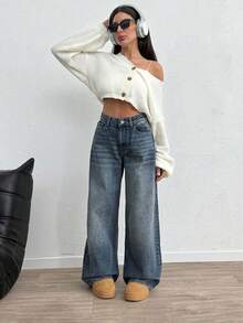 SHEIN PETITE Women's Casual Washed High Waist Wide Leg Jeans - Medium Wash - View 3