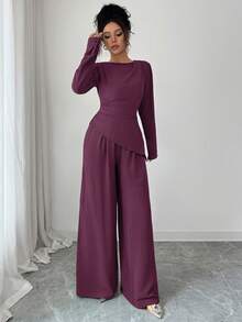 SHEIN Raffinéa 2pcs Women Solid Color Fold Hem Asymmetrical Hem Long Sleeve Set - Purple - View 3
