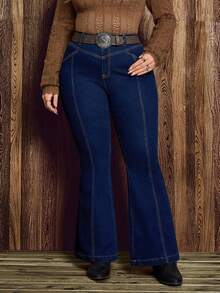 EMERY ROSE 大码女式街头休闲弹力舒适后袋刺绣深蓝色喇叭牛仔裤 - 深色水洗藍 - 查看 3