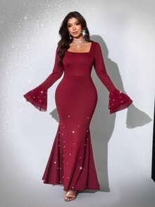 Viva Relle 大码女式优雅复古浪漫纯色圆领长袖连衣裙，适合派对、秋冬季、深红色连衣裙、酒红色连衣裙、勃艮第红连衣裙、惊艳女神连衣裙、红酒色连衣裙、派对圣诞红 - 酒紅色 - 查看 3