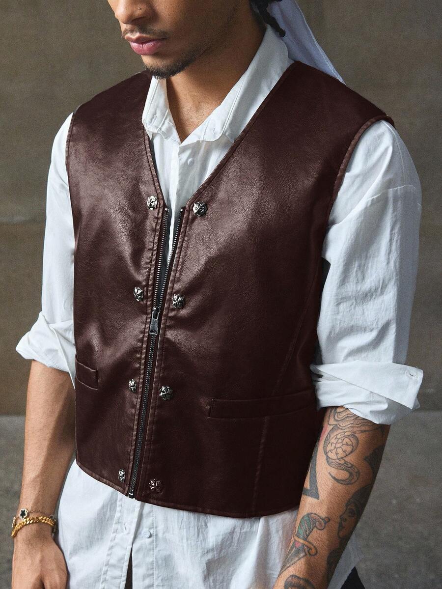 AXEPEAK Fashionable Versatile Men's PU Leather Vest - Dusty Purple - View 1