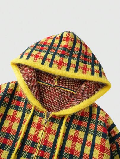 Men's Plaid Print Hooded Zip-Up Casual Long Sleeve Cardigan