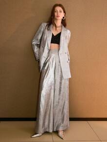 MOTF PREMIUM 时尚宽松金属涂层银色亮面西装外套