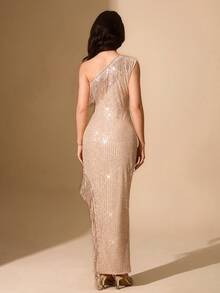 少女时尚优雅派对亮片单肩流苏连衣裙 - 淺粉色 - 查看 2