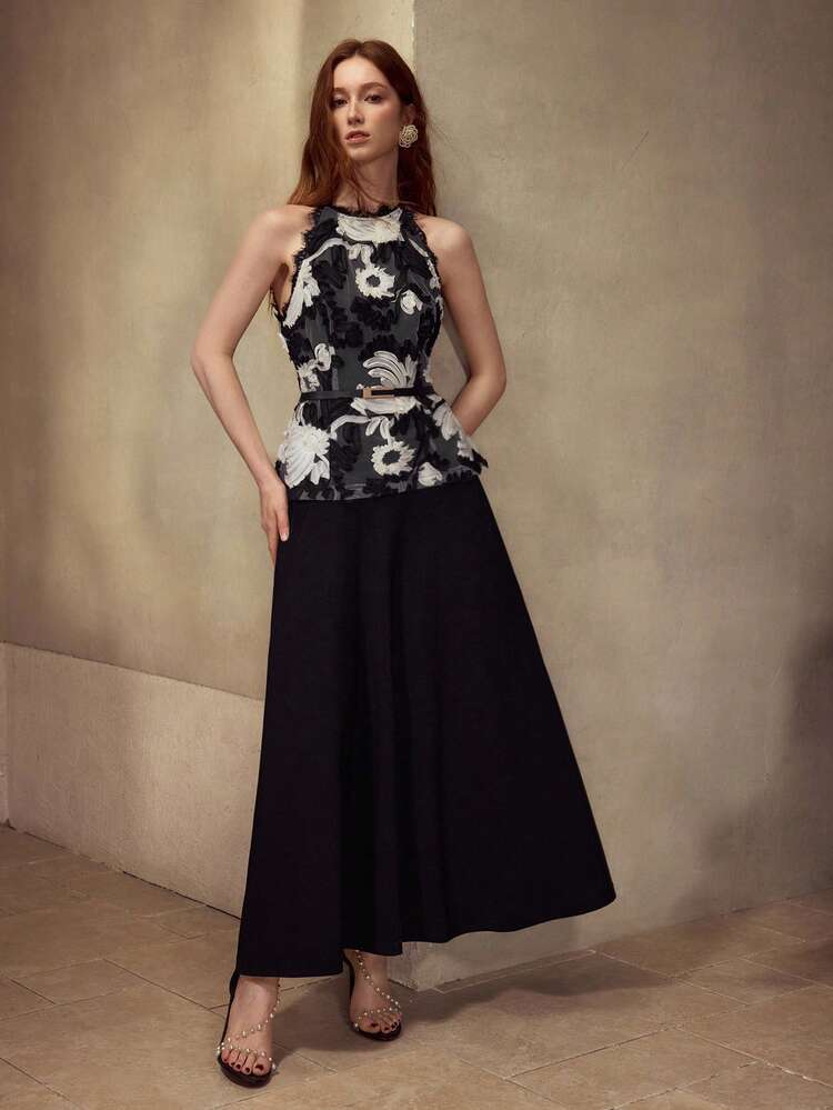 ELEGANT FITTED WAIST SLEEVELESS A-LINE TEXTURED FLORAL EMBROIDERY DRESS FOR WOMEN