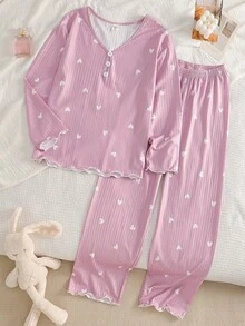 Sparklyn 2pcs Girls Ribbed Fabric Casual Comfortable Pajama Set, Long Pants And Long Sleeve Top - Pink - View 4