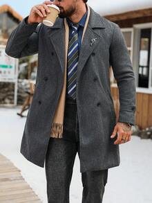 Manfinity CasualCool Sobretudo masculino casual de manga comprida, com lapela, abotoamento simples e cor sólida, ideal para outono/inverno. - Cinza escuro - Ver 3
