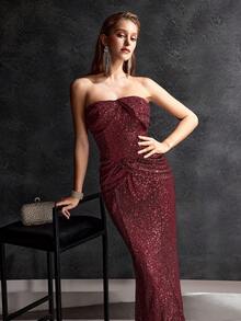 MOTF Soiréza WOMEN'S SEQUIN BANDEAU LONG PROM DRESS - Burgundy - View 7