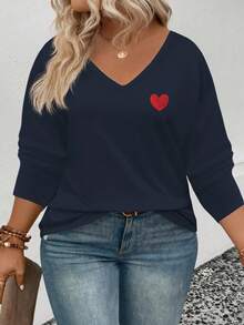EMERY ROSE Women's Heart Print V-Neck Long Sleeve Plus Size T-Shirt, Popular For Autumn/Winter - Navy Blue - View 4
