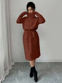 SHEIN Elenzya Damen Einfarbiges Binden-Taschen Elegantes Pulloverkleid - Braun - Übersicht 3