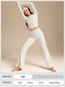 GLOWMODE FeatherFit™ Soft Stretchy Ribbed Seam-Dividing Design Long-Sleeve Tee Top Low Impact Yoga Pilates Studio Daily Casual Wear Removable Cups