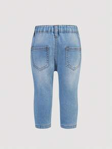 SHEIN 女婴蓝色牛仔保暖内衬弹力锥形裤，秋冬季，休闲时尚度假风，2000年代风格，万圣节牛仔裤，圣诞节，加绒加厚牛仔裤，婴儿护膝 - 淺色水洗藍 - 查看 4