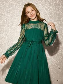 少女蕾丝领拼接腰部褶裥优雅圣诞节、婚礼、万圣节连衣裙 - 綠色 - 查看 3