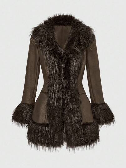 Grunge Punk Y2K Retro Sexy Faux Fur & Suede Patchwork Mid-Length Jacket For Women
